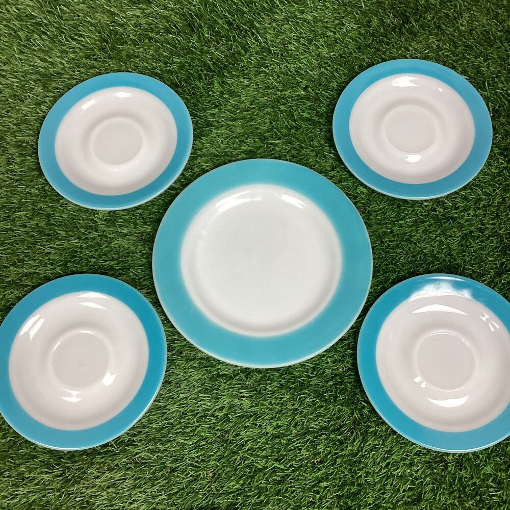 Vintage PYREX Turquoise Aqua Wide Rim Stripe Saucer Plates Set